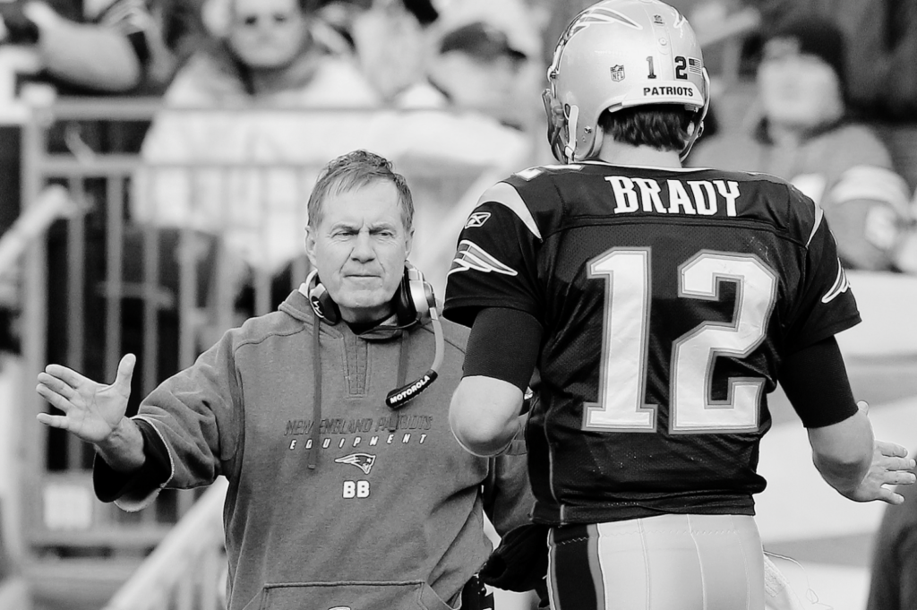 Football coach Bill Belichick and quarterback Tom Brady of the New England Patriots during a game.