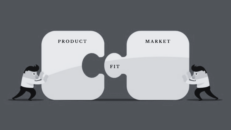 Two cartoon characters pushing puzzle pieces together with the words "Product" and "Market" on them, fitting together to form the phrase "Product Market Fit."